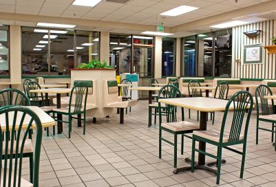 Brightly lit restaurant dining room